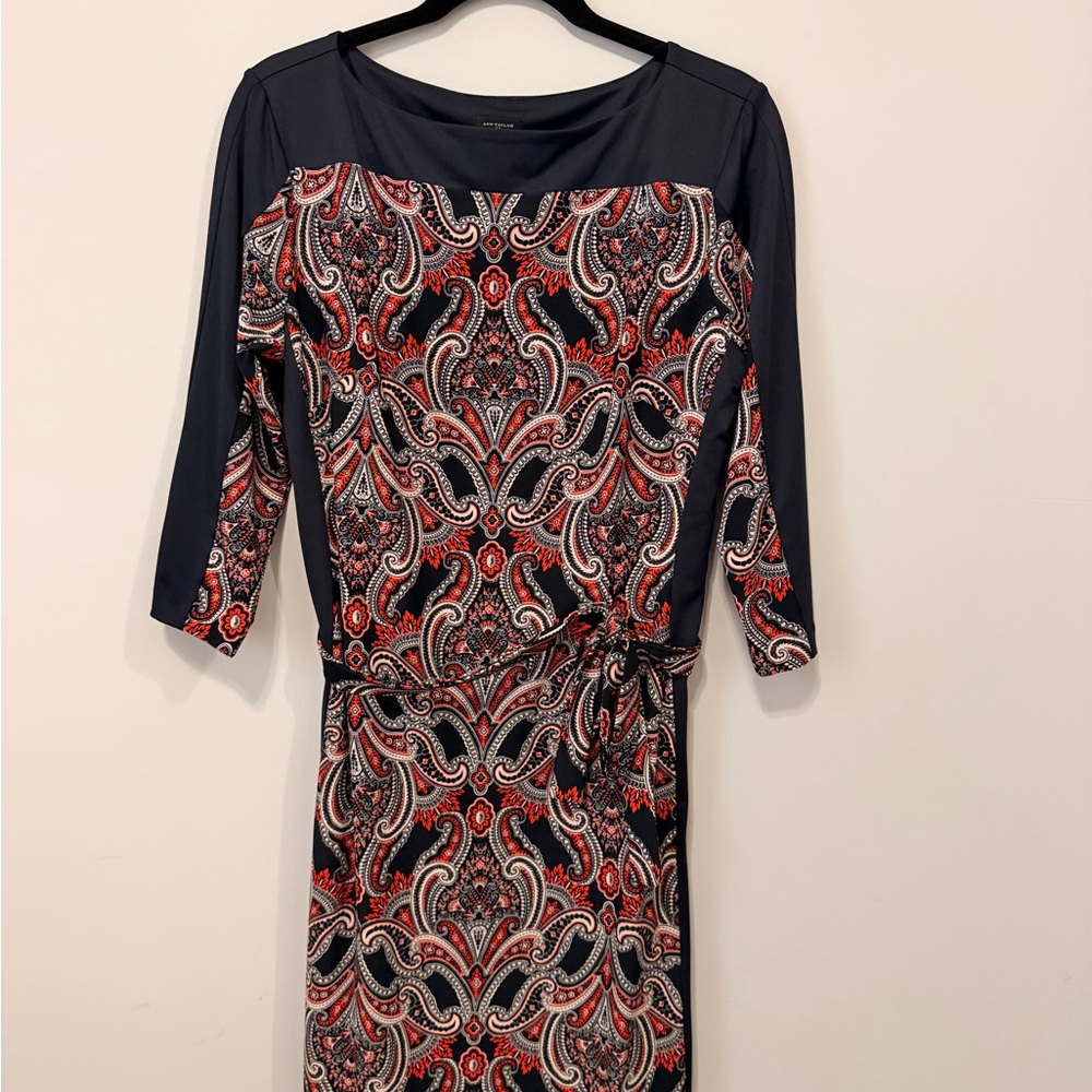 Ann Taylor Red and Black Paisley Long Sleeve Dress